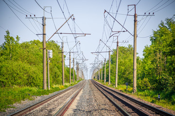 Russian railway. Summer railway. Rails and sleepers.