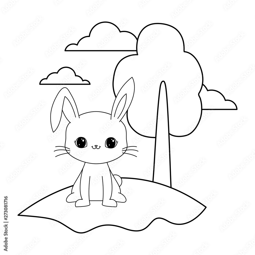 Sticker cute rabbit animal in landscape