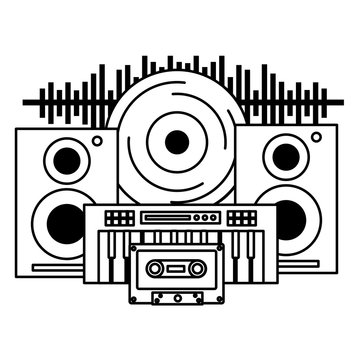 vinyl spaker cassette and synthesizer music festival on white background