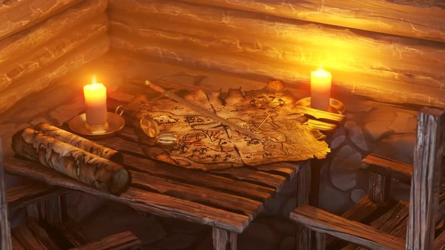 Cartoon treasure map on a tavern table warmly lit by a warm candle. 4KHD