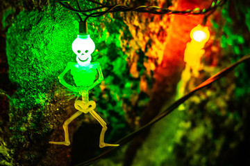 Scary halloween decorations outdoors at night close up