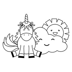 cute adorable unicorn with clouds and sun kawaii characters
