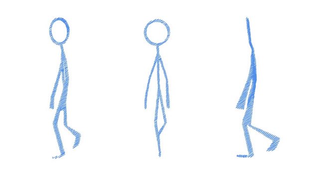 Stickman doing a looping casual walk in perspective front and side view in a pen sketch style