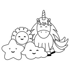 cute adorable unicorn with clouds and sun kawaii characters