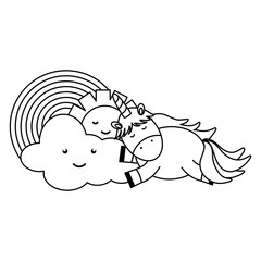 cute unicorn in rainbow with clouds and sun kawaii characters