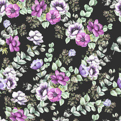 Seamless pattern with anemones and eucalyptus. Hand draw watercolor illustration.