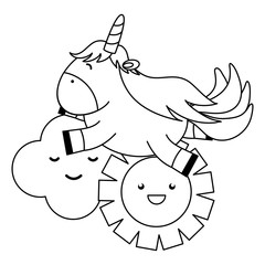 cute adorable unicorn with clouds and sun kawaii characters
