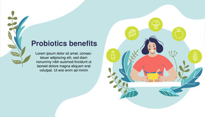 Probiotic health benefits vector infographic. Hand drawn illustration about probiotics influence to human body.