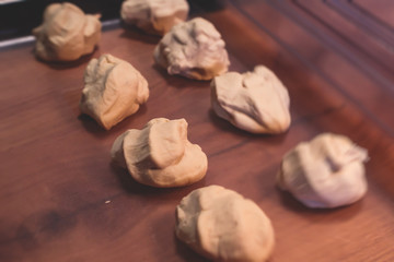 Process of cooking and serving traditional georgian food cuisine, with pkhali khinkali dumplings and khachapuri