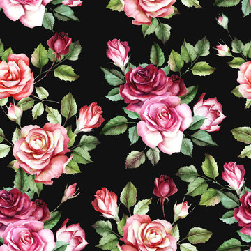 Seamless pattern with roses. Hand draw watercolor illustration.