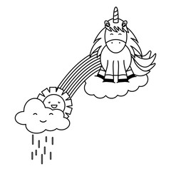 cute unicorn in rainbow with clouds rainy and sun kawaii