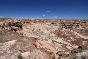 Badlands of the Painted Desert in Petrified Forest National Park, Arizona, under a cloudless summer...