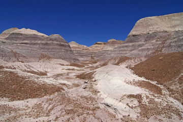 Badlands of the Painted Desert in Petrified Forest National Park, Arizona, under a cloudless summer sky.