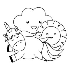 cute adorable unicorn with clouds and sun kawaii characters