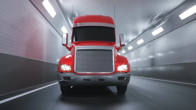 Red semi truck with trailer driving fast through the blurred tunnel. Loop. 4K