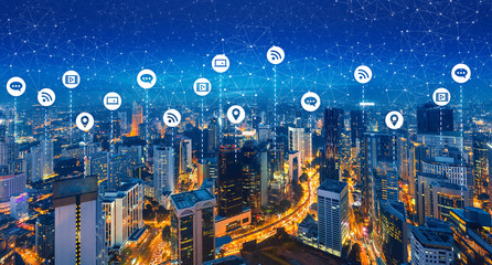 Obraz premium Technology and communication icon over cityscape, network and connection concept.