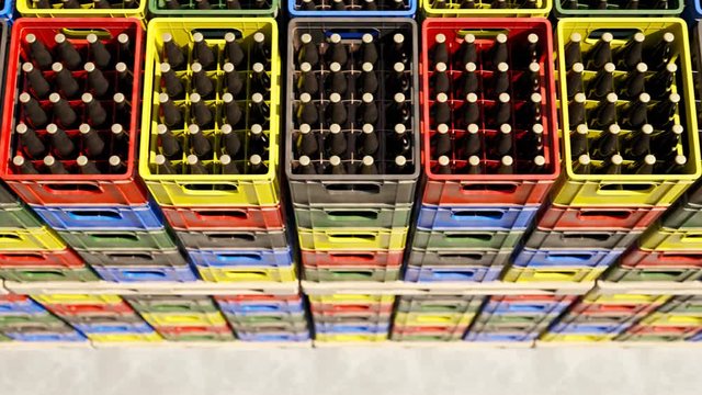 Loop of countless colorful beer crates stacked in an outdoor warehouse. 4KHD