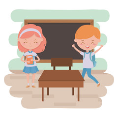 Boy girl kid and blackboard of school design