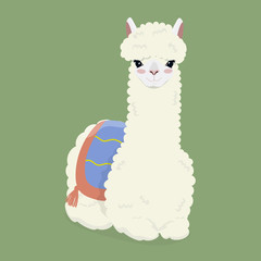 Cute white fluffy alpaca on a green background. Vector image.