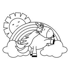 cute unicorn in rainbow with clouds and sun kawaii characters