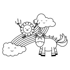 cute unicorn in rainbow with clouds and sun kawaii characters