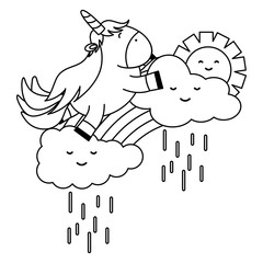 cute unicorns in rainbow with clouds and sun kawaii characters
