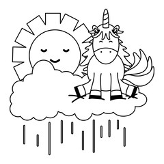 cute adorable unicorn with clouds and sun kawaii characters