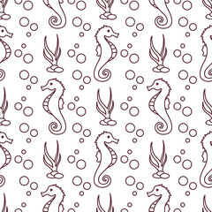 Vector seamless pattern with sea horses, plants
