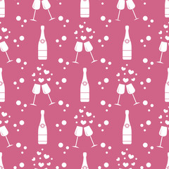 Seamless holiday pattern. Hearts, glasses, bottle