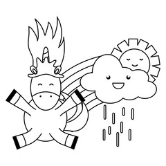 cute unicorn in rainbow with clouds rainy and sun kawaii