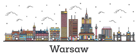 Outline Warsaw Poland City Skyline with Color Buildings Isolated on White.