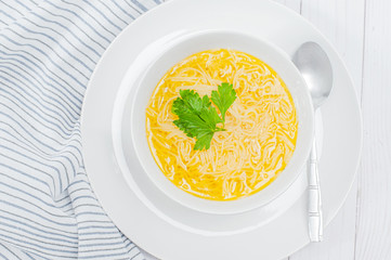 Chicken noodles soup. Homemade chicken broth