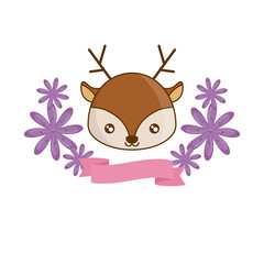 head of cute reindeer with ribbon and flowers