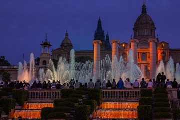Fototapeta na wymiar Magic Montjuic Fountain.Water and lights show in Barcelona, Spain