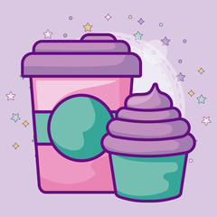 delicious cupcake with beverage icon