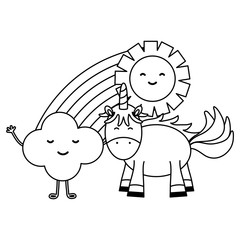 cute unicorn in rainbow with clouds and sun kawaii characters
