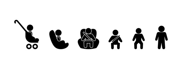baby icon, set of pictograms child sits in a car seat