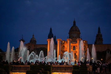 Fototapeta na wymiar Magic Montjuic Fountain.Water and lights show in Barcelona, Spain
