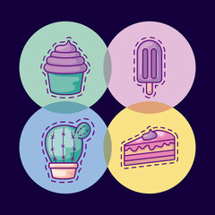 set of patches with cactus in pot plant and icons