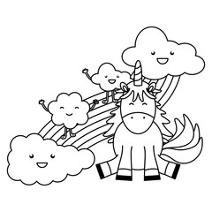 cute unicorn with clouds and rainbow kawaii characters