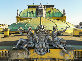 The buglers on the top of Croatian National Theatre, Zagreb - obrazy, fototapety, plakaty