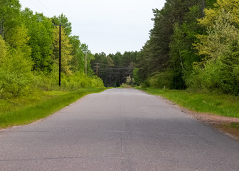 Paved road through the Northwoods forest in Hayward