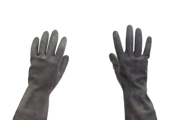 Obraz premium Dirty black rubber glove isolated on white background