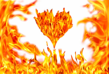 Conceptual image of burning heart shape and fire flames