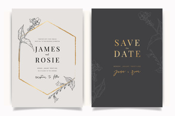 Golden gray Wedding Invitation, floral invite thank you, rsvp modern card Design in Gold Peony with red berry and leaf greenery  branches decorative Vector elegant rustic template