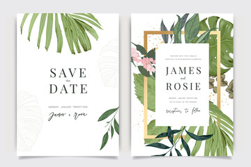 Tropical summer Wedding Invitation, floral invite thank you, rsvp modern card Design in leaf greenery  branches decorative Vector elegant rustic template