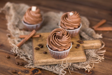 Tasty chocolate cupcakes and sticks of cinnamon on a wooden board. Top view. 