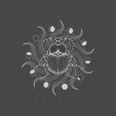 Vector illustration with hand drawn Scarab and Sacred geometric symbol on black background. Abstract mystic sign.