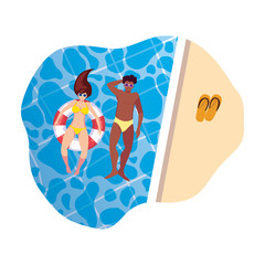 interracial couple with swimsuit and float in water