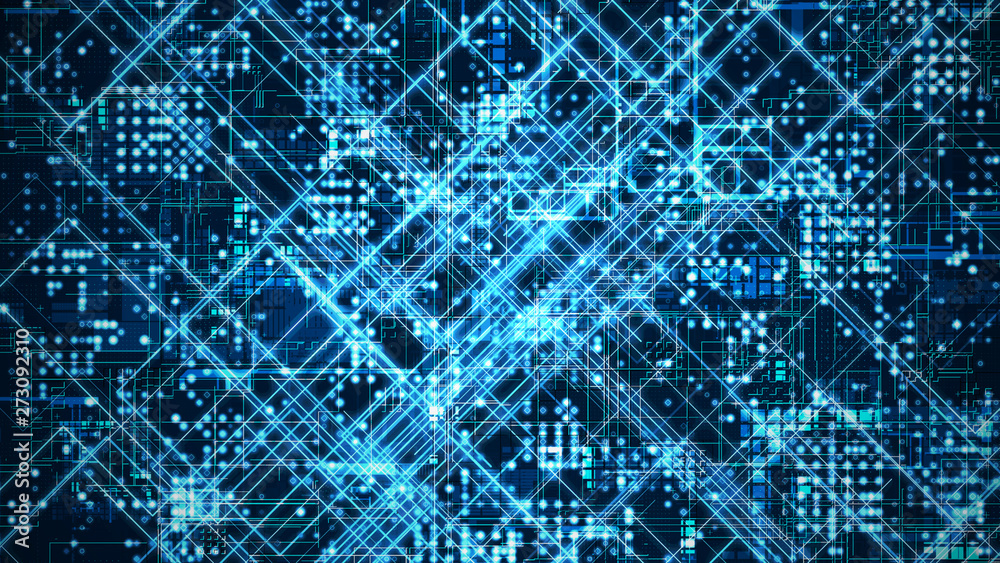 Poster 3D Rendering of abstract digital data concept. Circuit created from glowing colorful dots and lines. For use with deep machine learning, crypto currency, Big data visualization, Data center theme.